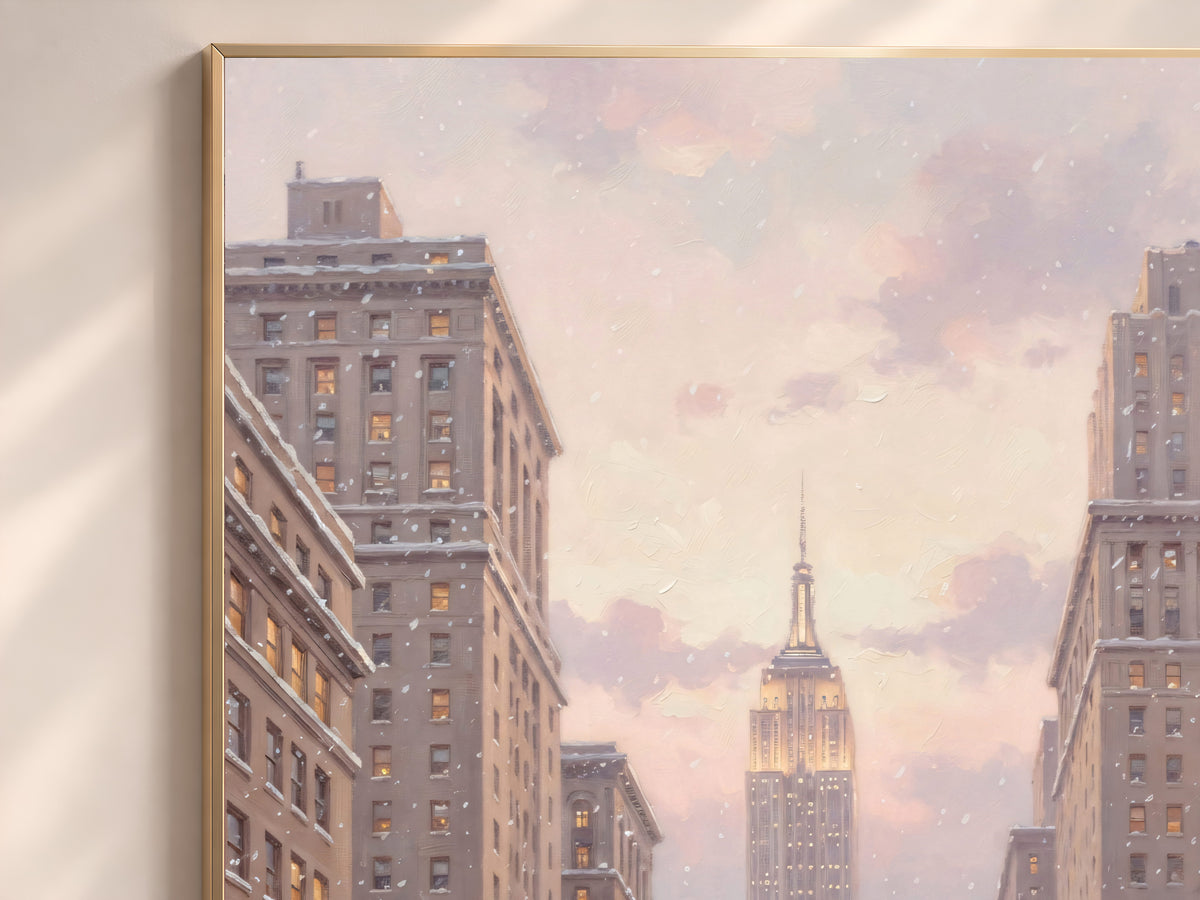 Snowy New York City Painting Print, NYC Winter Wall Art, Pastel Christmas City Art, Digital Download