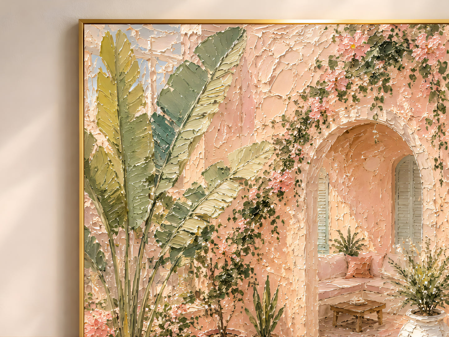 Close-up of pool villa impasto art print showing thick painterly texture with bougainvillea arch, blush stucco walls, terracotta pots and teal courtyard pool
