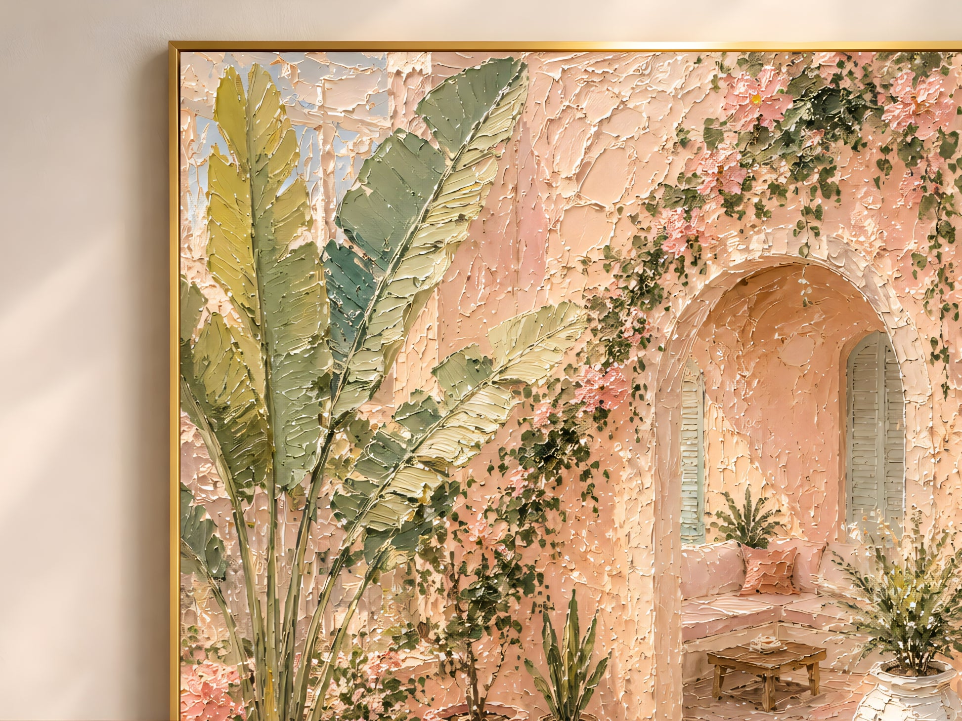 Close-up of pool villa impasto art print showing thick painterly texture with bougainvillea arch, blush stucco walls, terracotta pots and teal courtyard pool
