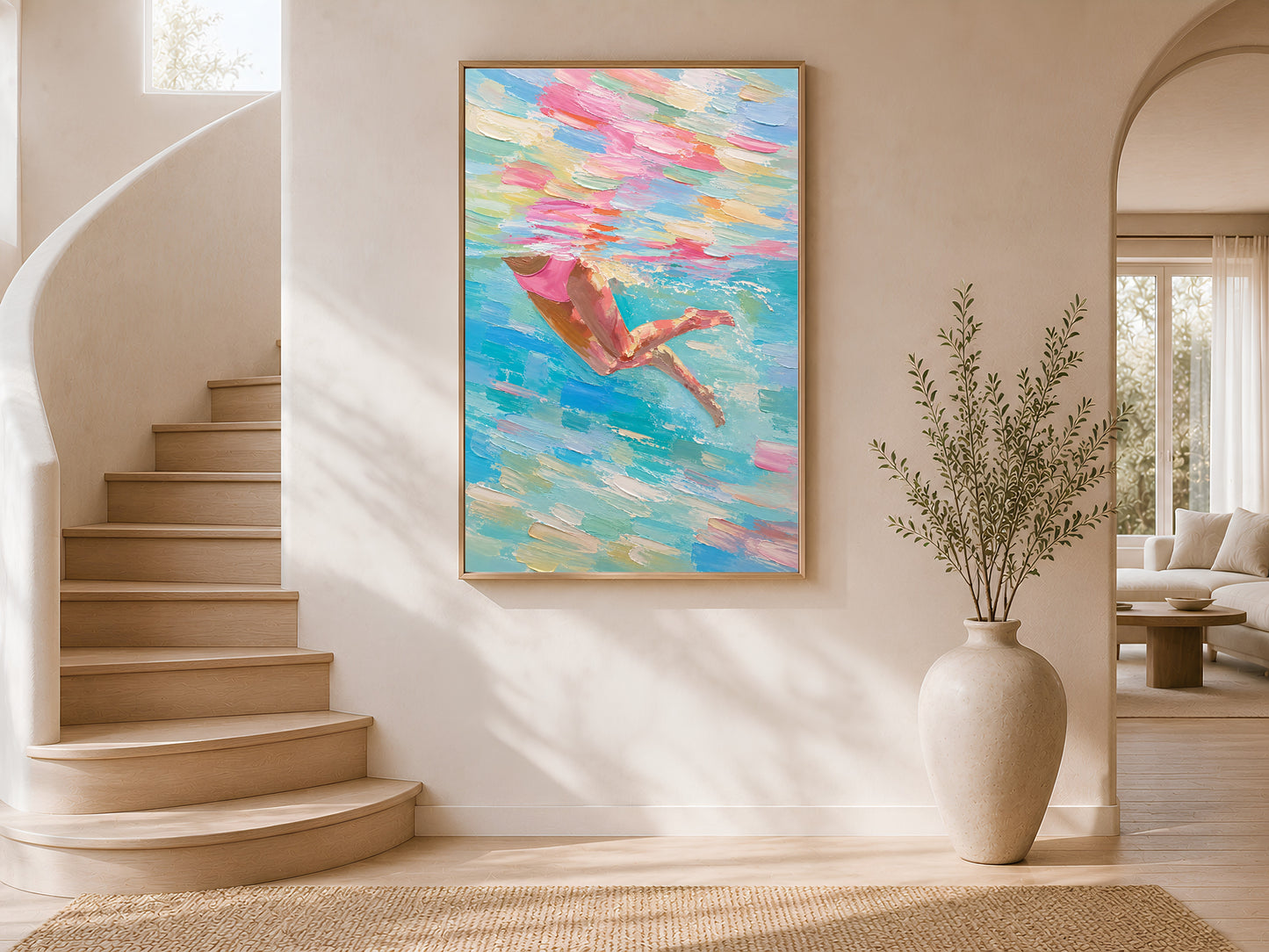 Woman swimmer diving impasto painting in a gold frame on a curved staircase wall with warm white plaster finish, large neutral vase with dried botanicals, and warm natural light
