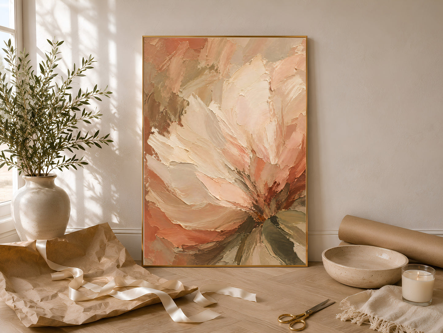 Terracotta peony wall art print leaning against a wall beside styled decor and greenery