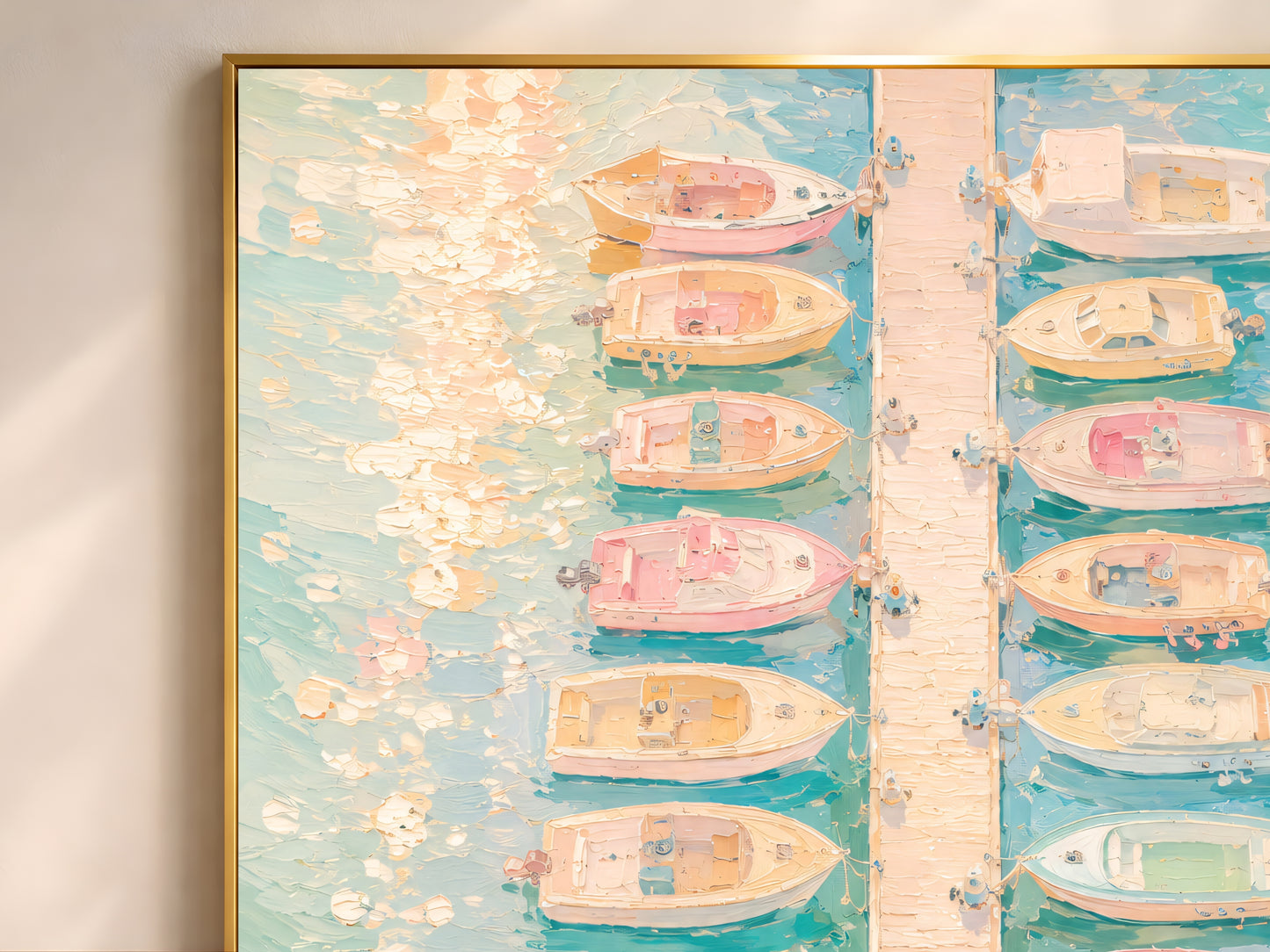 Close-up of aerial marina impasto oil painting showing pastel pink, yellow, and mint boats along a wooden pier