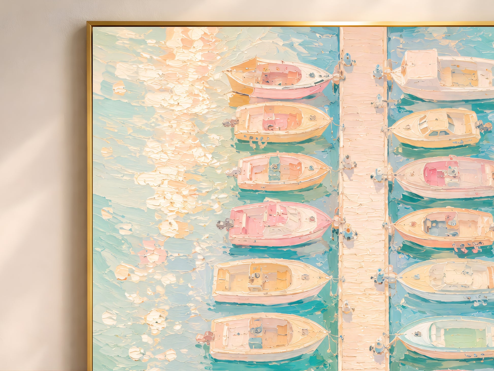 Close-up of aerial marina impasto oil painting showing pastel pink, yellow, and mint boats along a wooden pier
