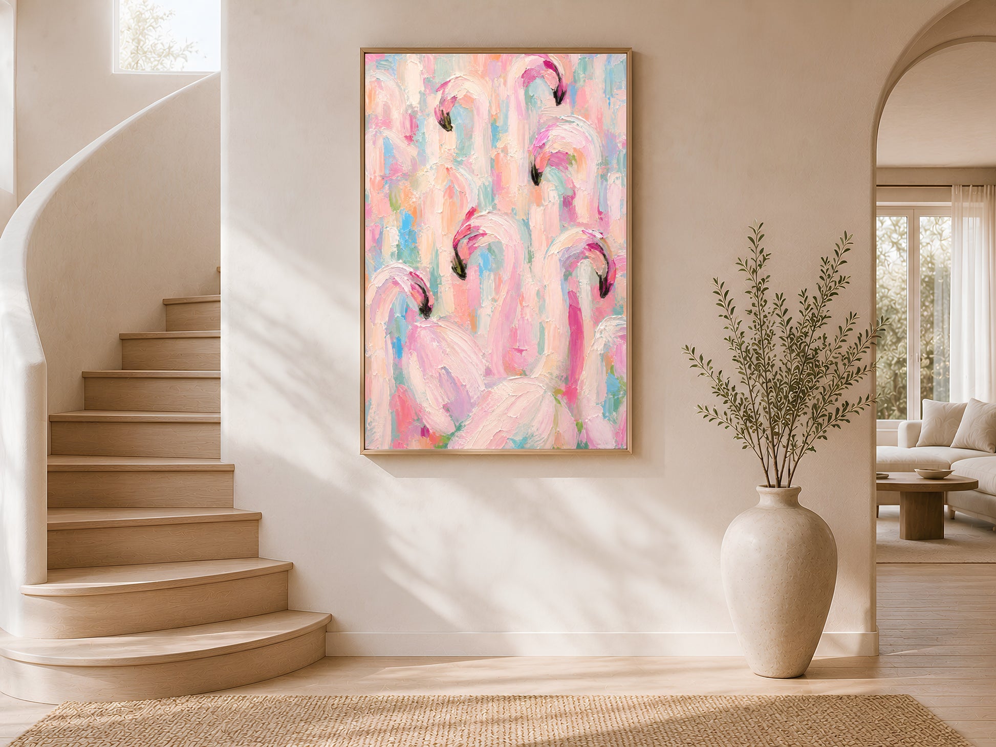Framed impasto flamingo flock print on warm white wall in modern curved staircase entryway with tall dried botanicals

