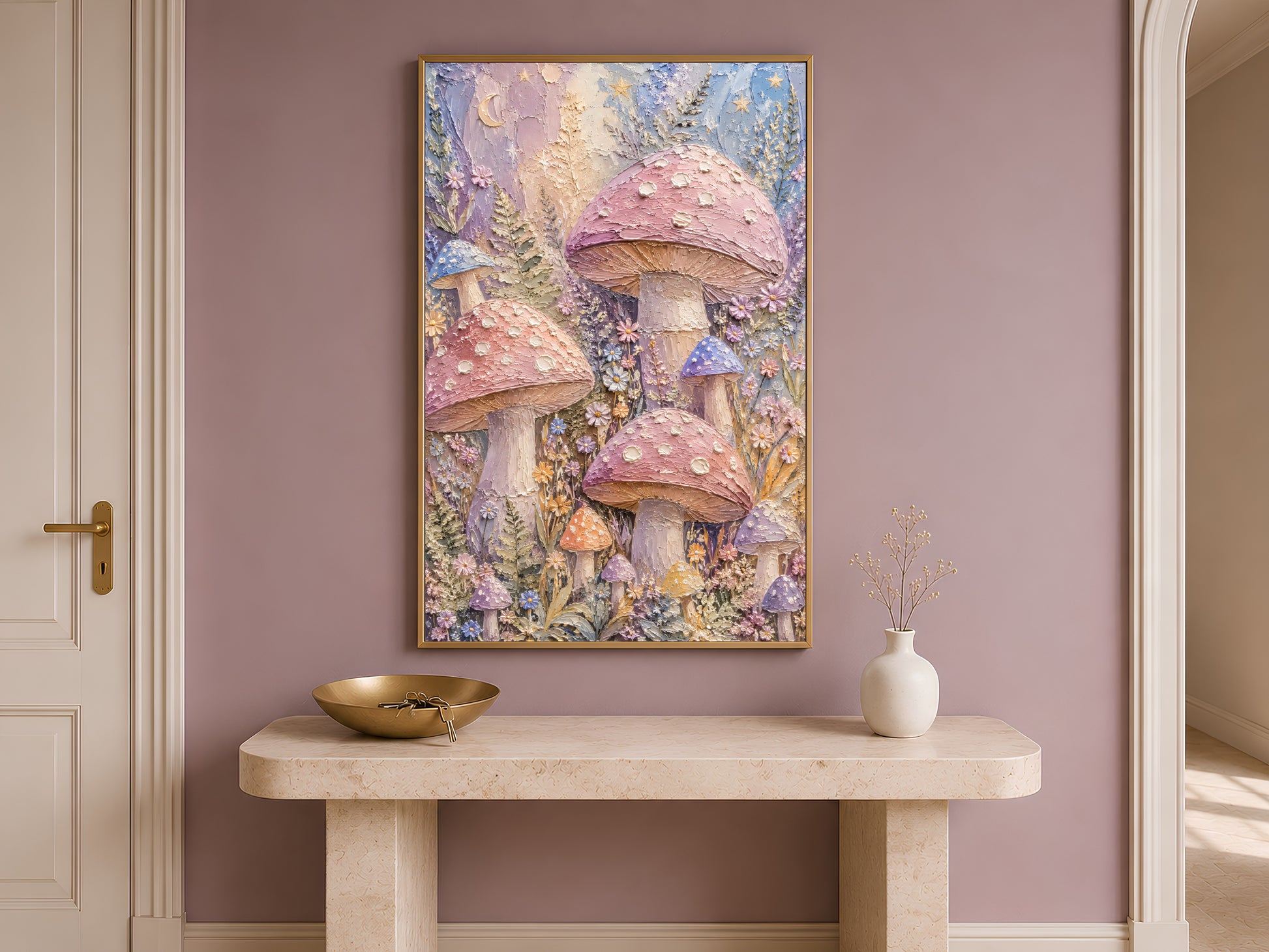 Pastel mushroom print in gold frame on travertine console table in neutral hallway with warm lighting
