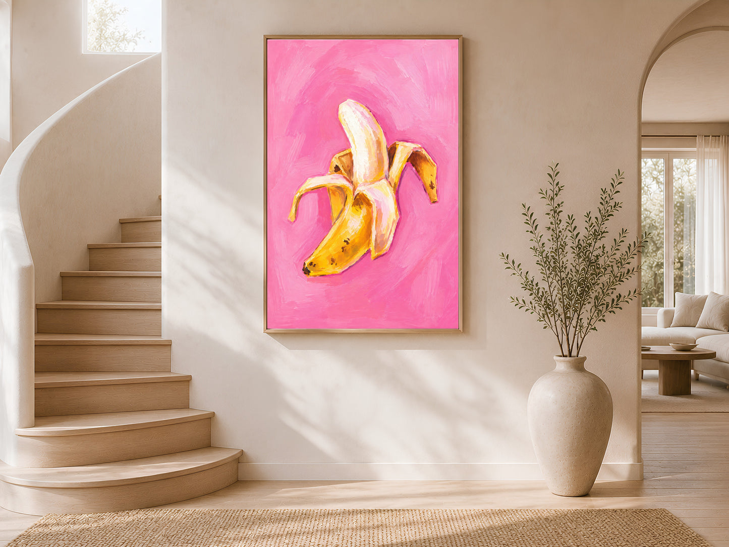 Framed impasto peeled banana print on warm white wall in modern curved staircase entryway with tall ceramic vase
