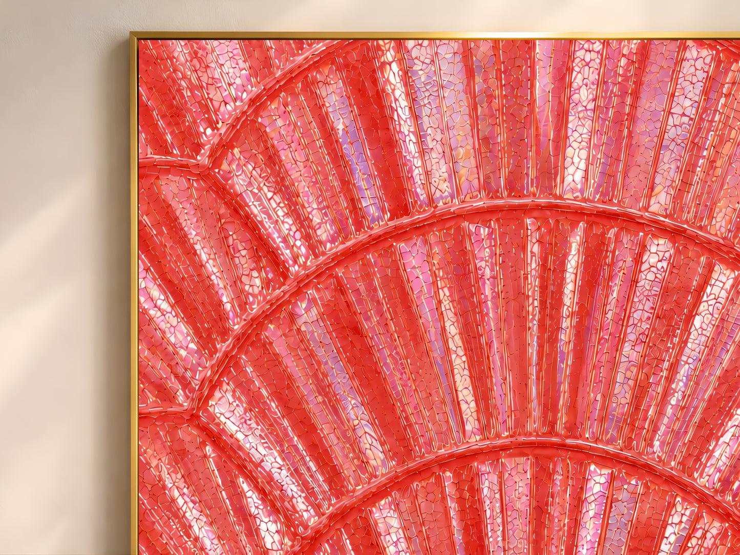
Close-up of coral iridescent capiz shell print showing scallop arc pattern with red, coral, and pearl shimmer texture