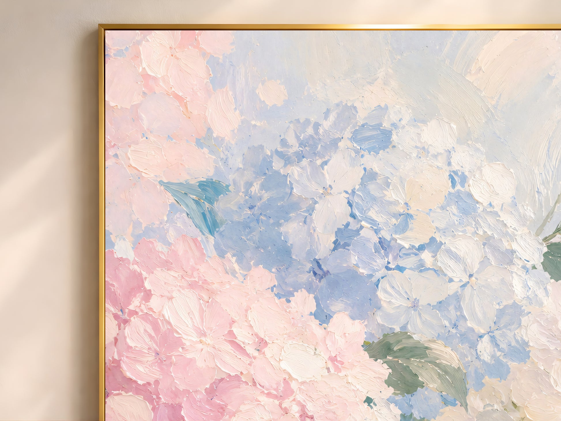 Close-up of hydrangea impasto oil painting showing pink, blue, lavender, and cream blooms with dusty sage leaves