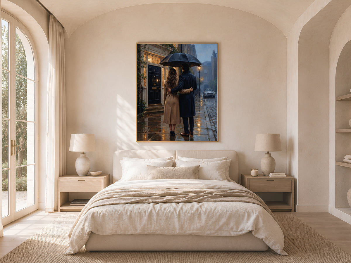 Romantic Couple Wall Art, Rainy London Street Oil Painting Print - Digital Download