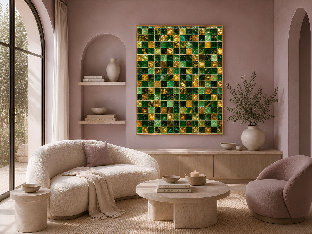 Emerald Mosaic Wall Art, Gold Glass Tile Print - Digital Download
