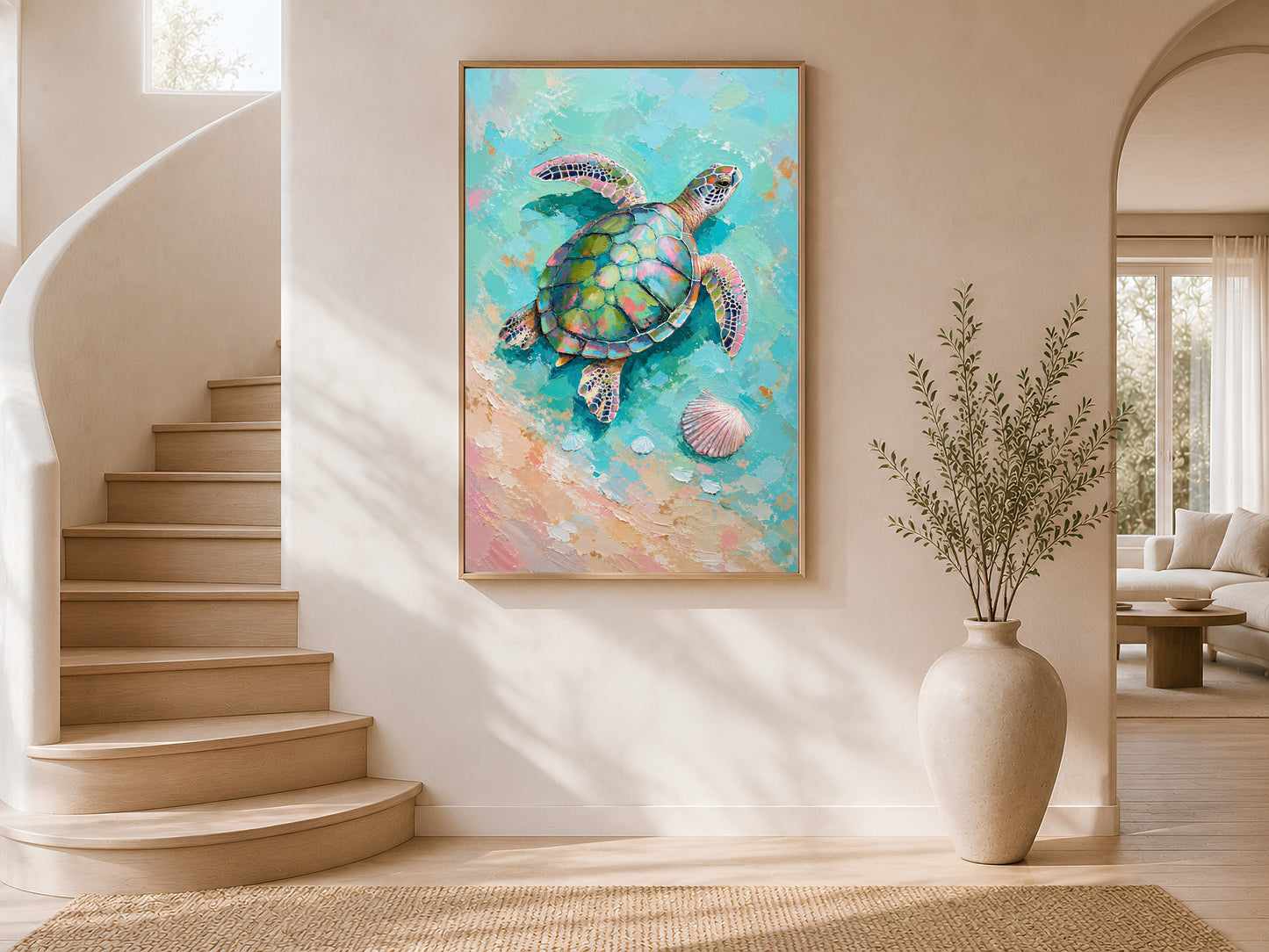 Framed impasto sea turtle print on white wall in modern entryway with curved staircase and tall ceramic vase
