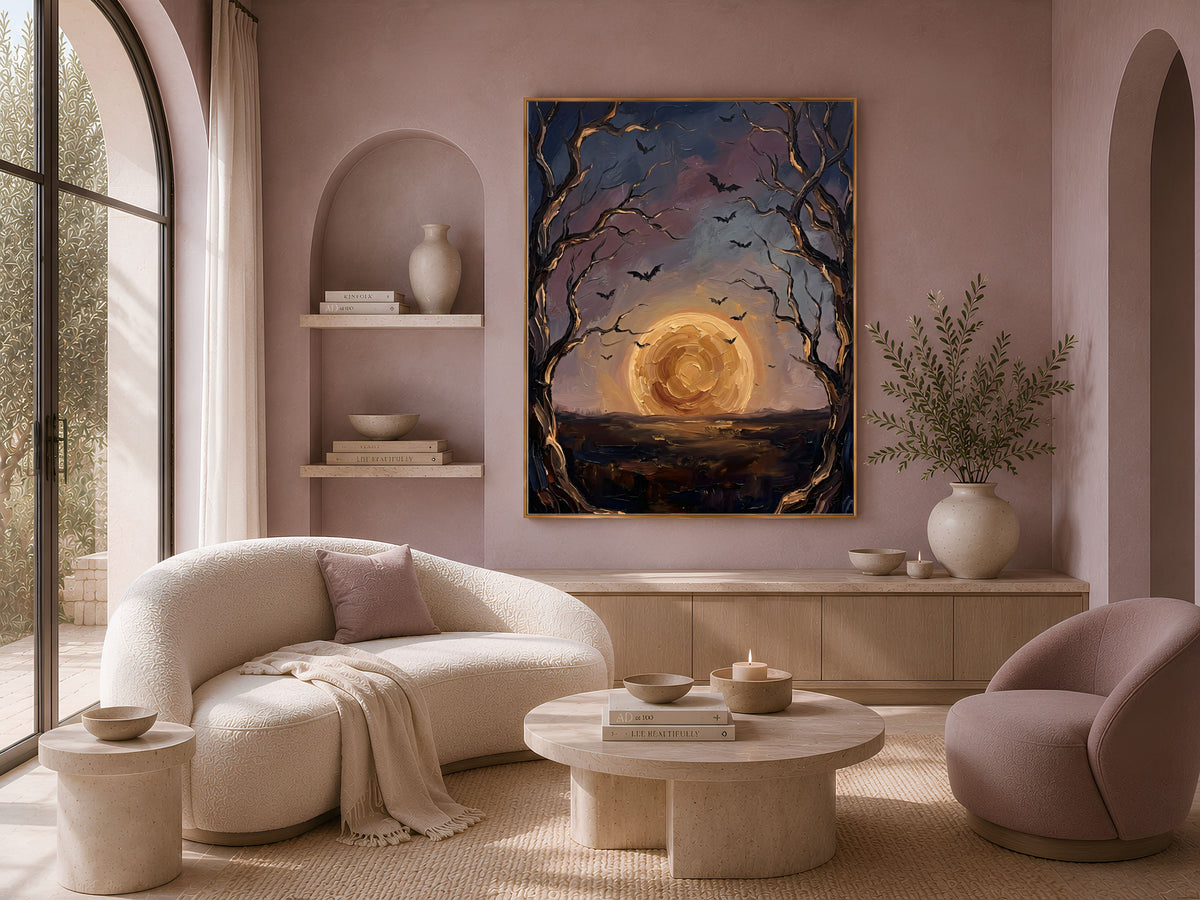 Moon and Bats Wall Art, Impasto Oil Painting Print - Digital Download