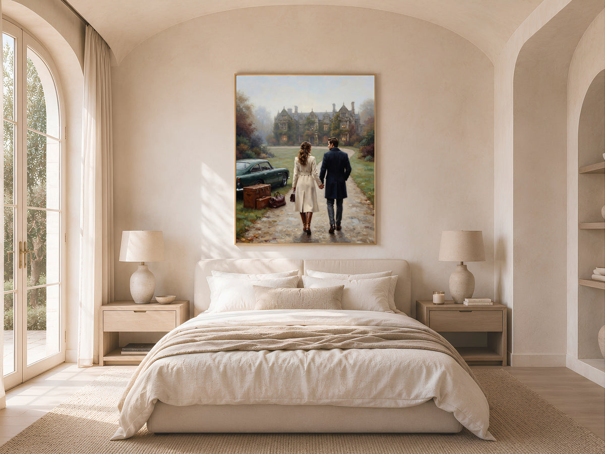 English Manor Estate Wall Art, Autumn Couple Oil Painting Print - Digital Download