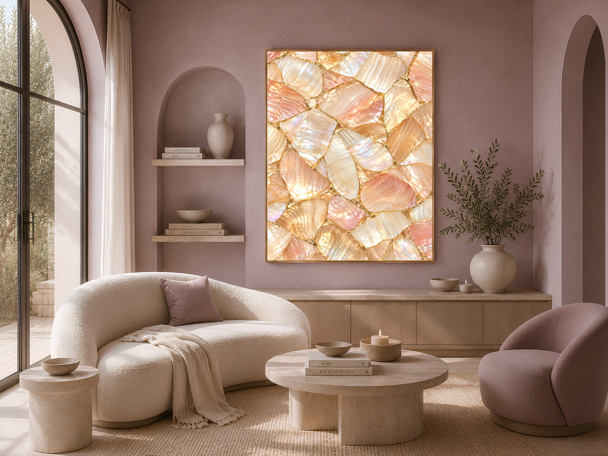 Peach Mother of Pearl Wall Art, Apricot Shell Mosaic Print, Gold Kintsugi, Warm Blush Bedroom Decor, Riviera Summer Poster, Instant Download