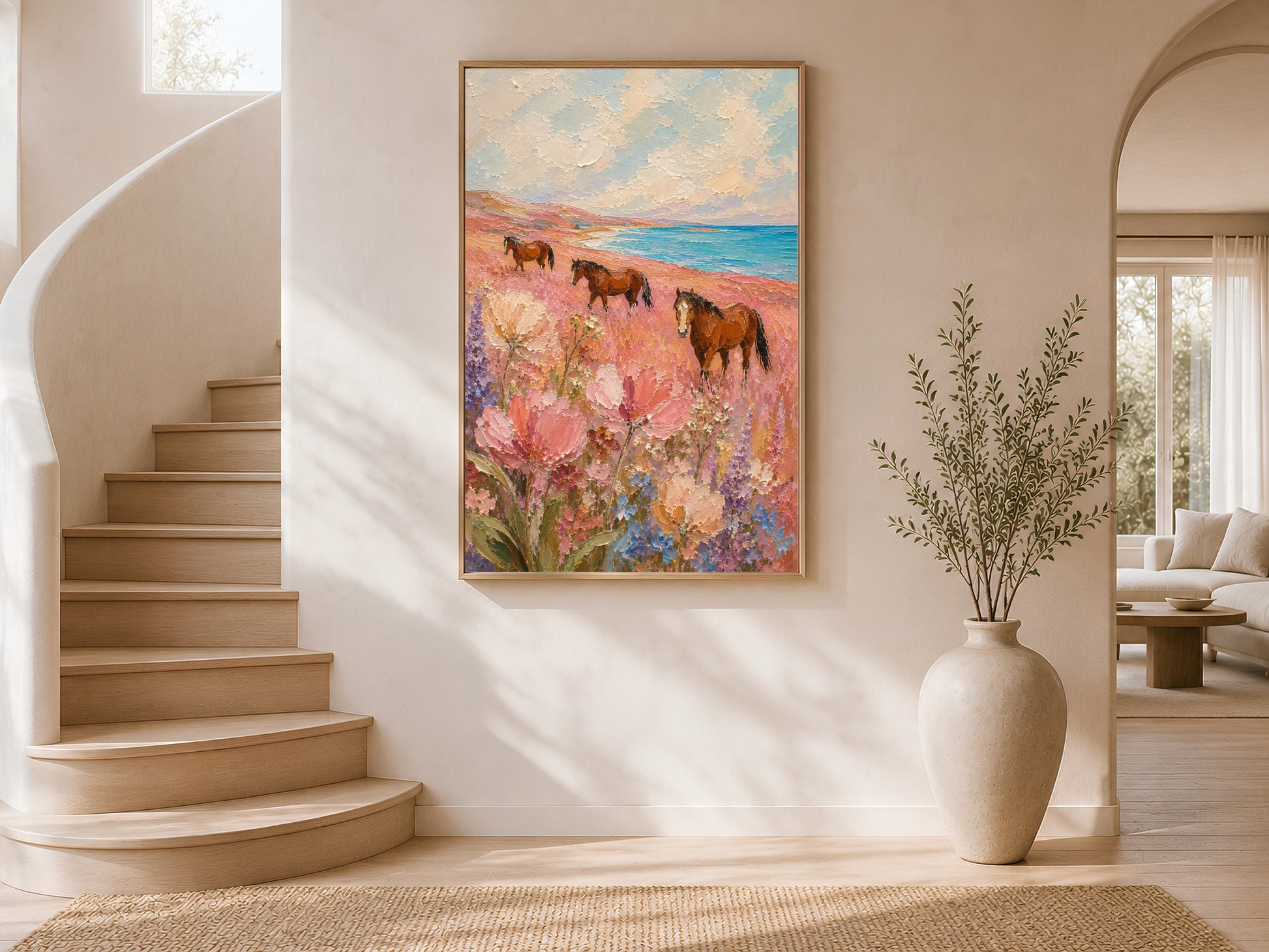 Three chestnut horses in a pink wildflower coastal meadow impasto painting in a gold frame on a curved staircase wall with warm white plaster finish, neutral vase, and arched window with natural light
