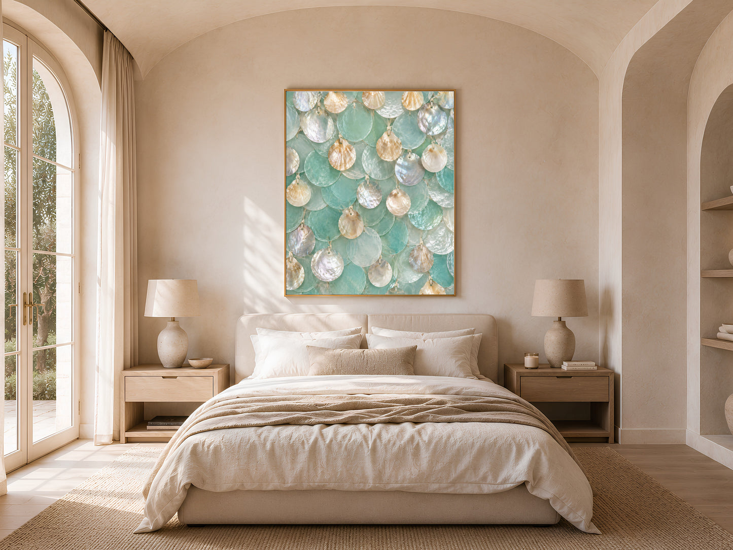 Seafoam capiz shell wall art framed above a bed in a warm neutral bedroom with arched windows