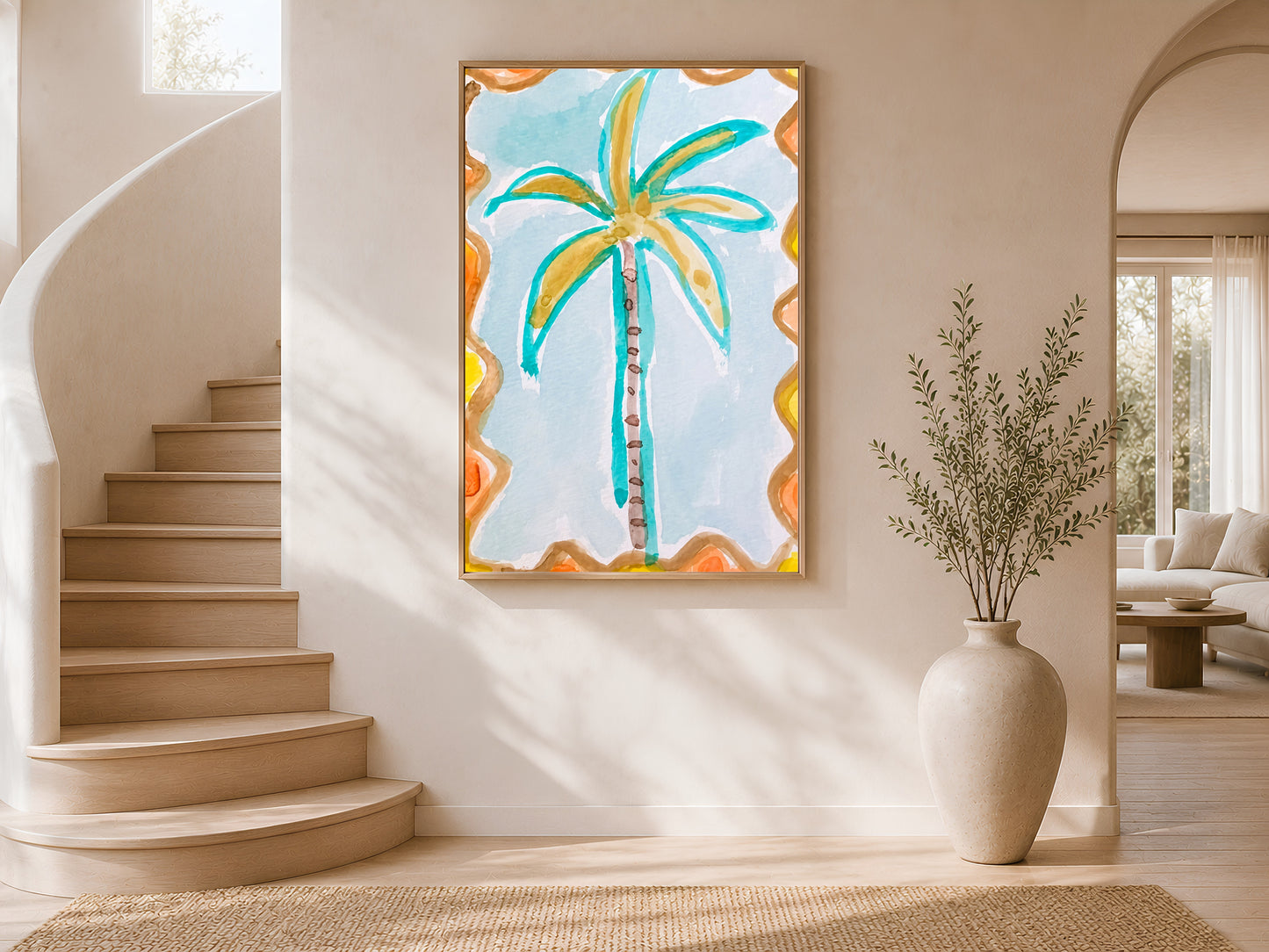 Retro palm tree print in a gold frame on a curved staircase wall with warm white plaster finish, neutral vase, and arched window
