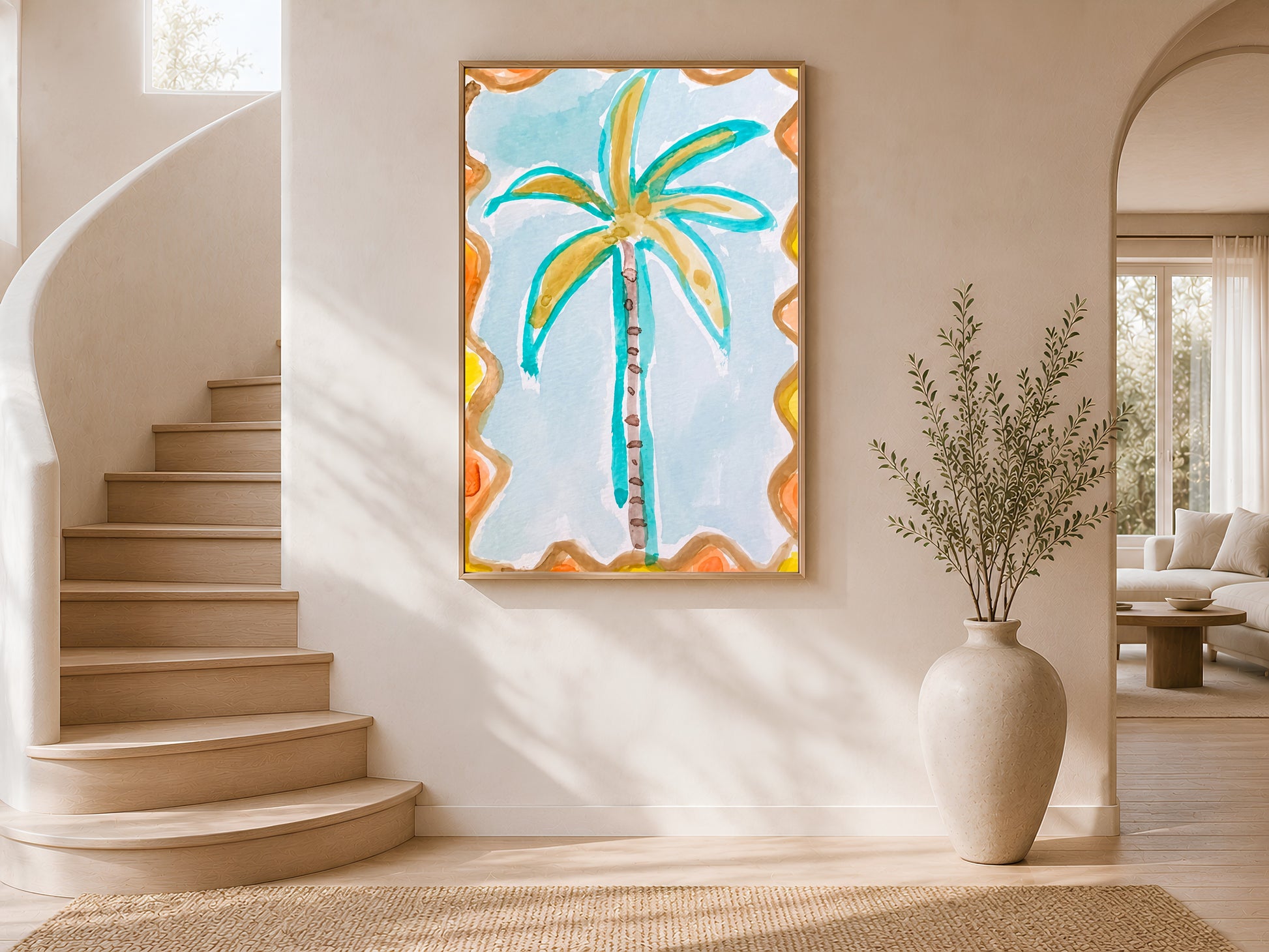 Retro palm tree print in a gold frame on a curved staircase wall with warm white plaster finish, neutral vase, and arched window
