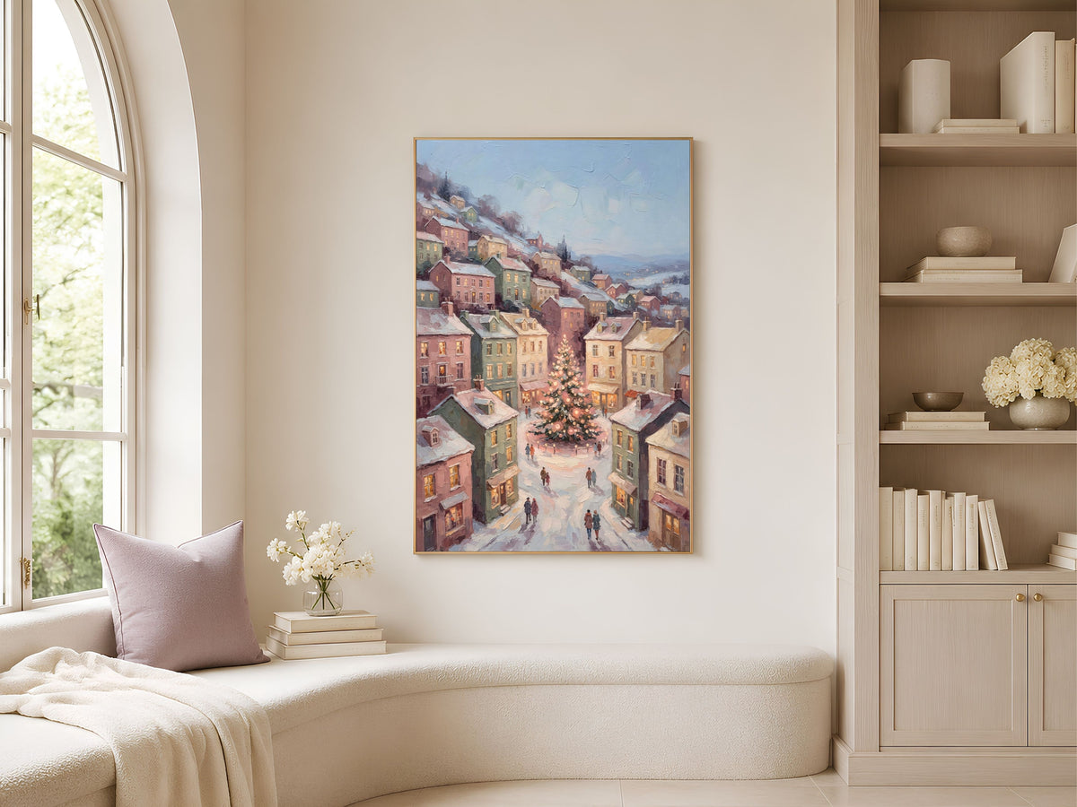 Scandinavian Christmas Wall Art, Pastel Town Square Print - Digital Download