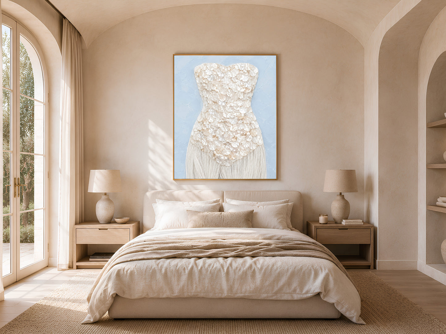 Mother of pearl wall art framed in gold, hung above a neutral bed in a sunlit bedroom with arched windows.