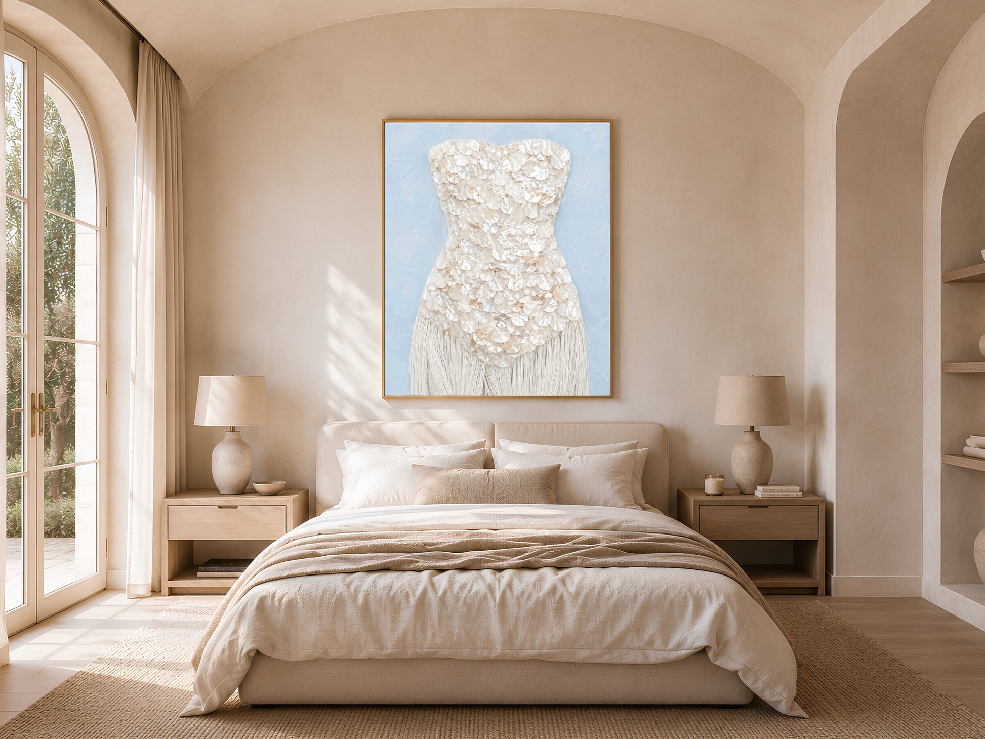 Mother of pearl wall art framed in gold, hung above a neutral bed in a sunlit bedroom with arched windows.