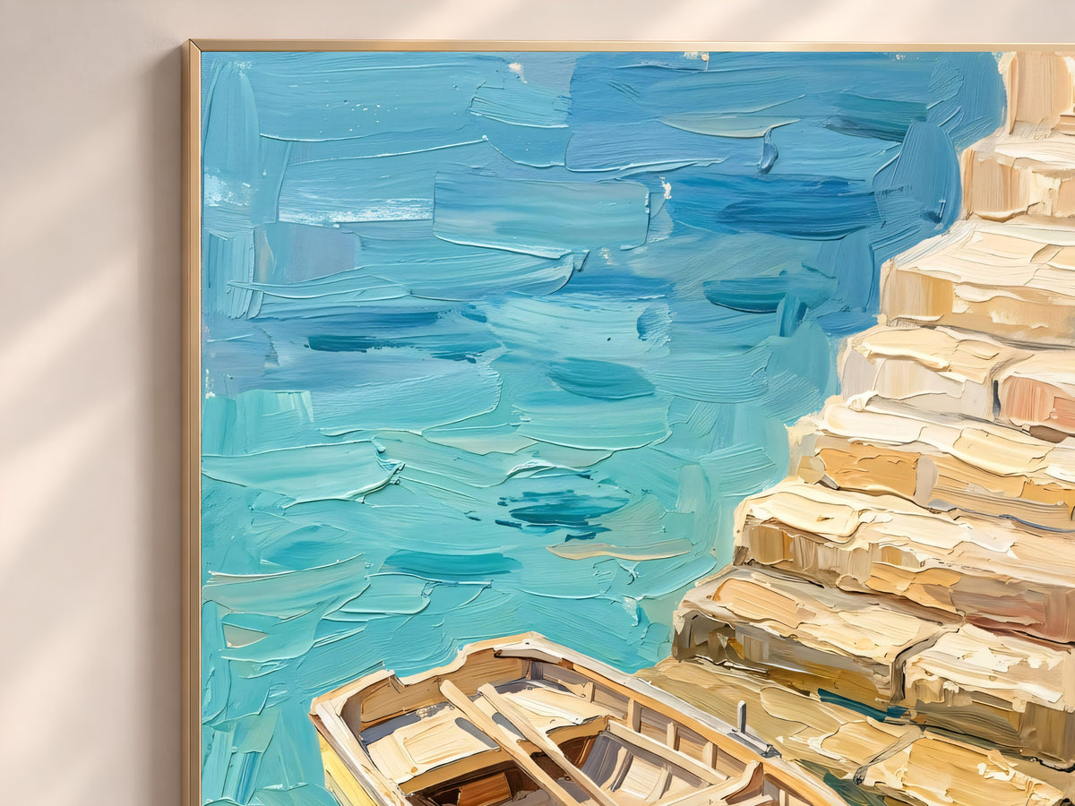 Rowboat Painting Print, Turquoise Sea Boat Art, Textured Coastal Wall Art, Mediterranean Decor, Printable Digital Download