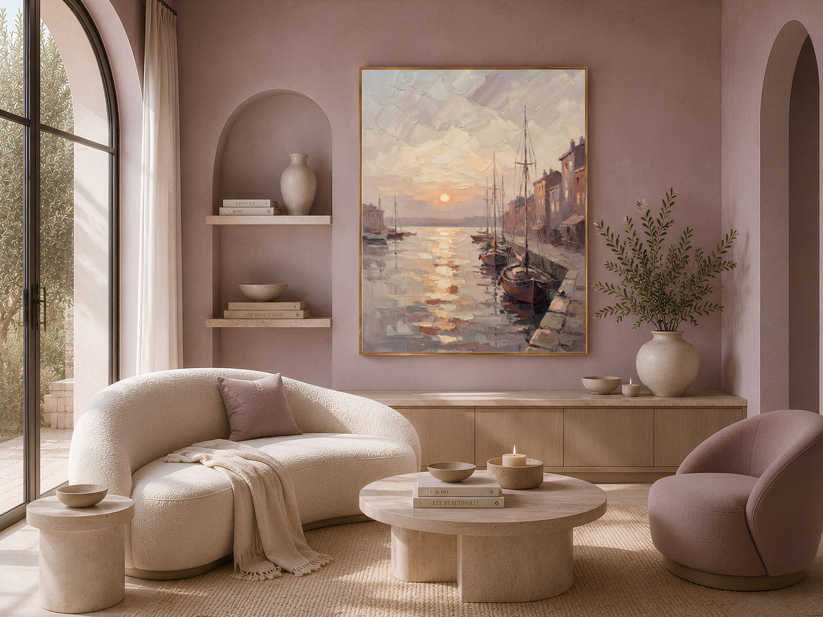 Harbor Sunset Wall Art, Impasto Oil Painting Print - Digital Download