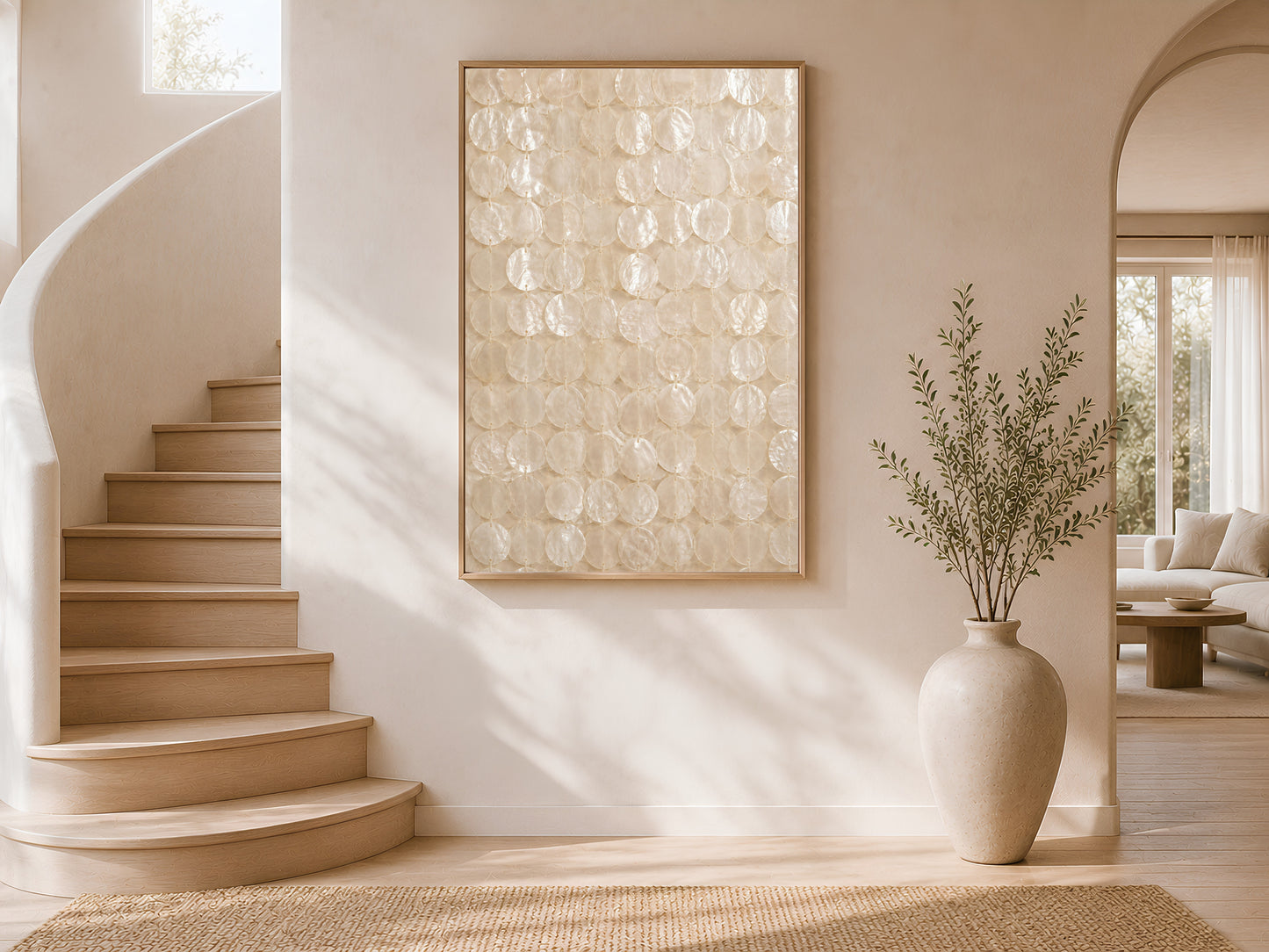 Capiz shell wall art print in a gold frame on a curved staircase wall with warm white plaster finish, large neutral vase with dried botanicals, and arched window with natural light
