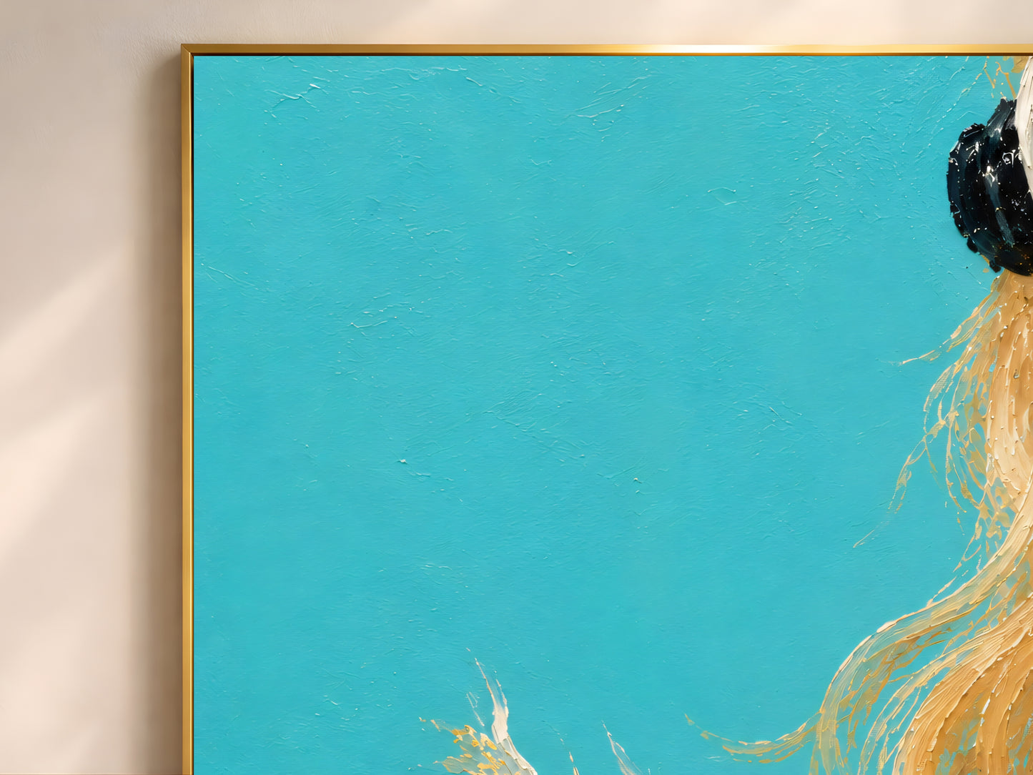 Close-up of scuba diver impasto oil painting showing turquoise background with blonde hair and goldfish detail only