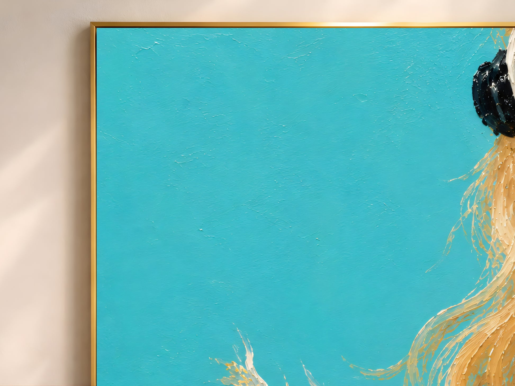 Close-up of scuba diver impasto oil painting showing turquoise background with blonde hair and goldfish detail only
