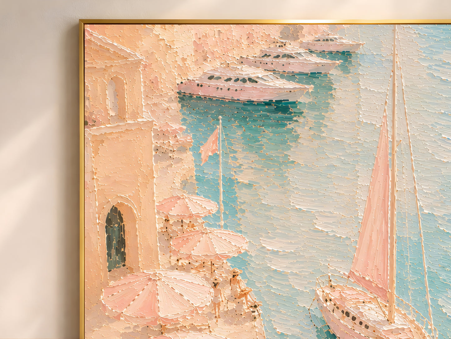 Close-up macro detail of Mediterranean harbor impasto painting texture in pink, peach, cream and teal showing thick palette knife strokes, pink sailboat and teal harbor water
