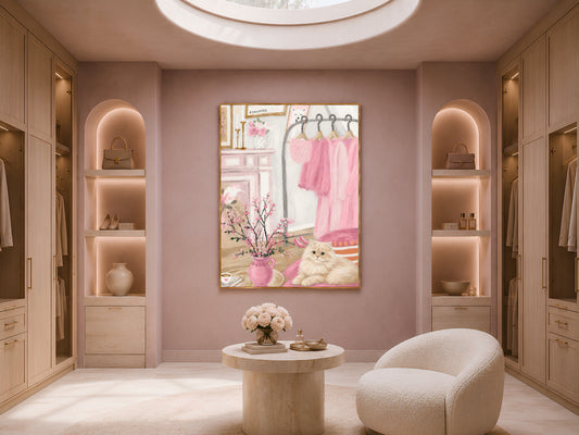 Pink Parisian coquette wall art framed in a living room with arched built-in shelving
