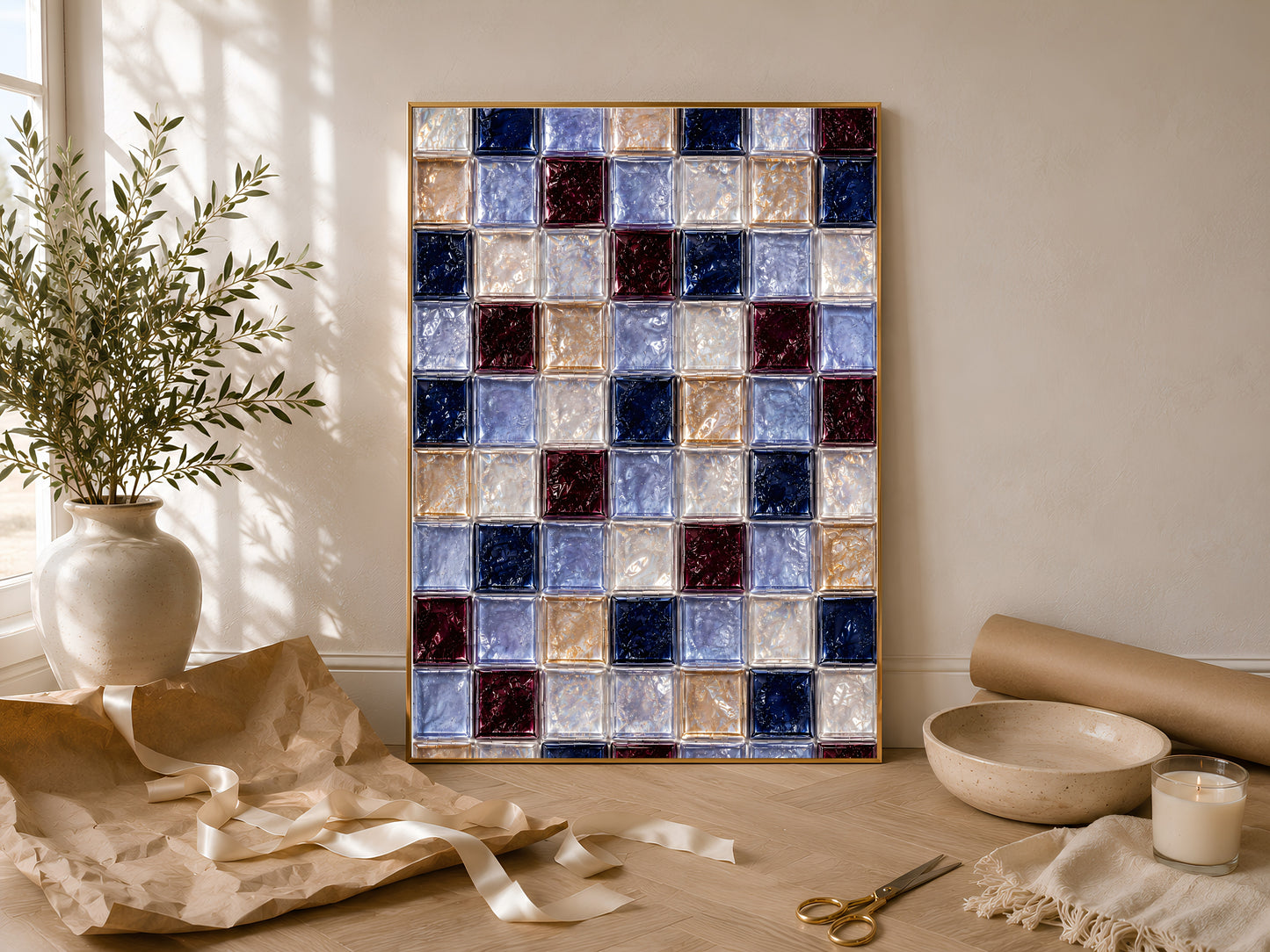 Navy and burgundy checkerboard print framed among neutral ceramics and dried florals