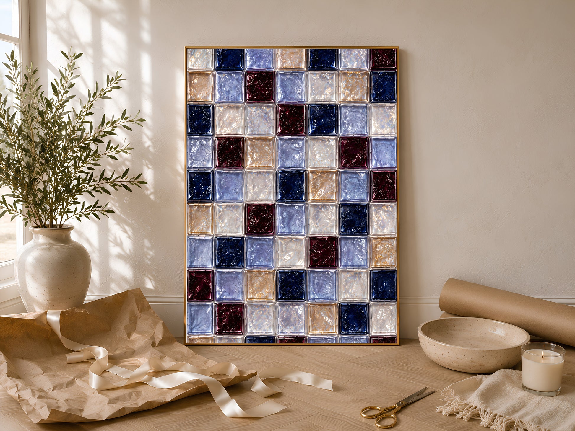 Navy and burgundy checkerboard print framed among neutral ceramics and dried florals
