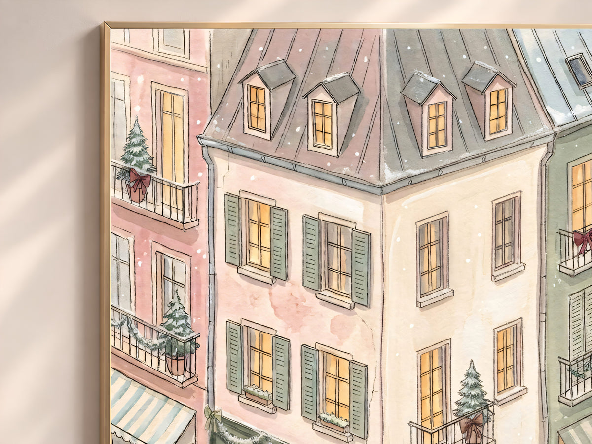 Sage Green Christmas Print, Pastel Patisserie Watercolor, Snowy Parisian Cafe Corner, Holiday Digital Download
