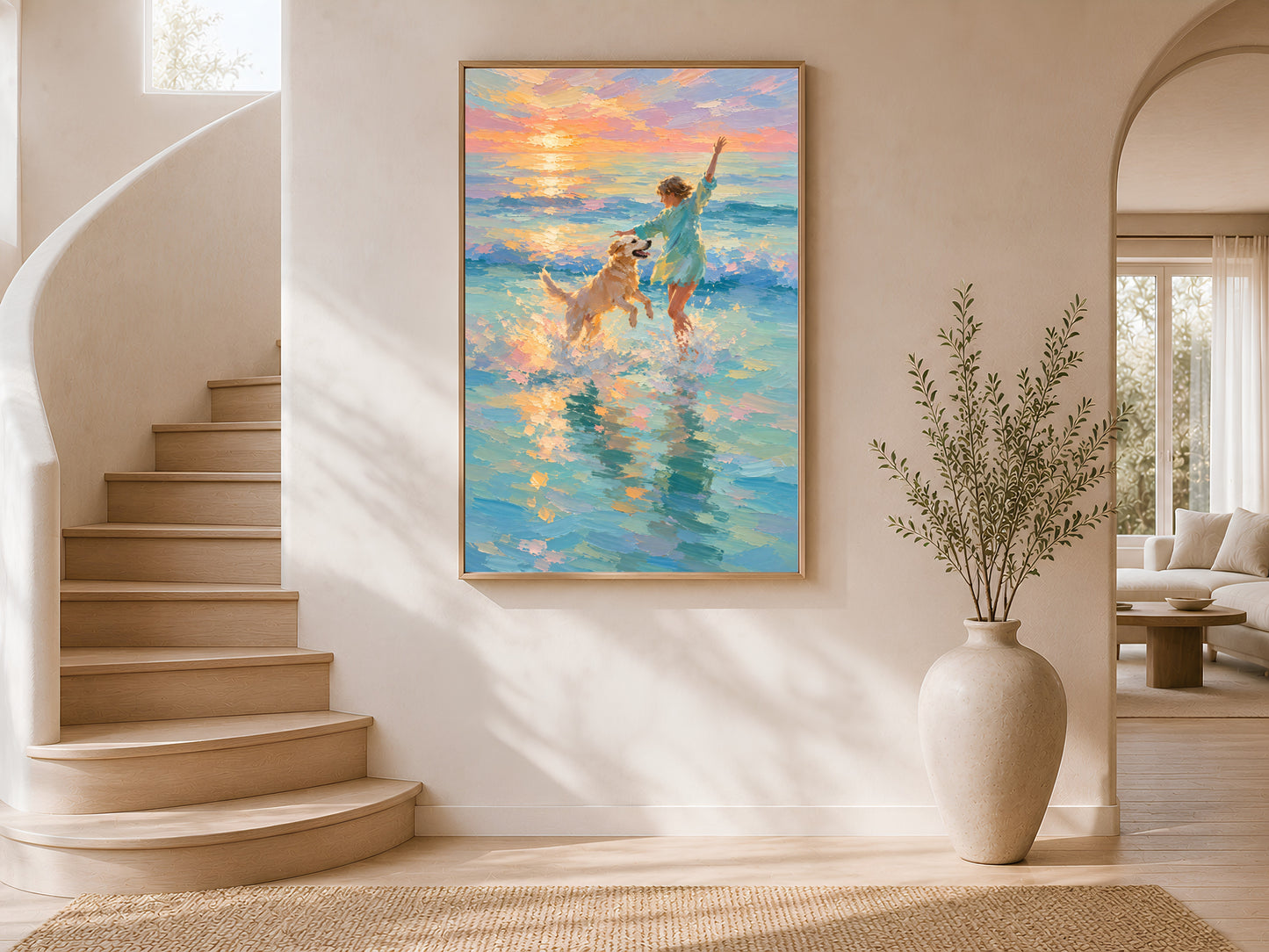 Girl and golden retriever beach sunset impasto painting in a gold frame on a curved staircase wall with warm white plaster finish, large neutral vase with dried botanicals, and warm natural light
