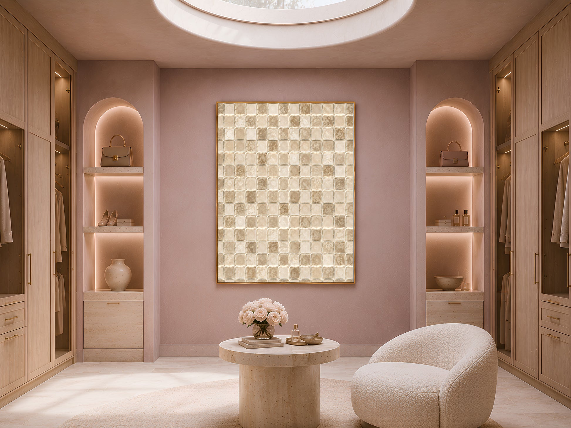 Cream mosaic wall art framed in a cozy living room nook with built-in shelving and warm mauve walls
