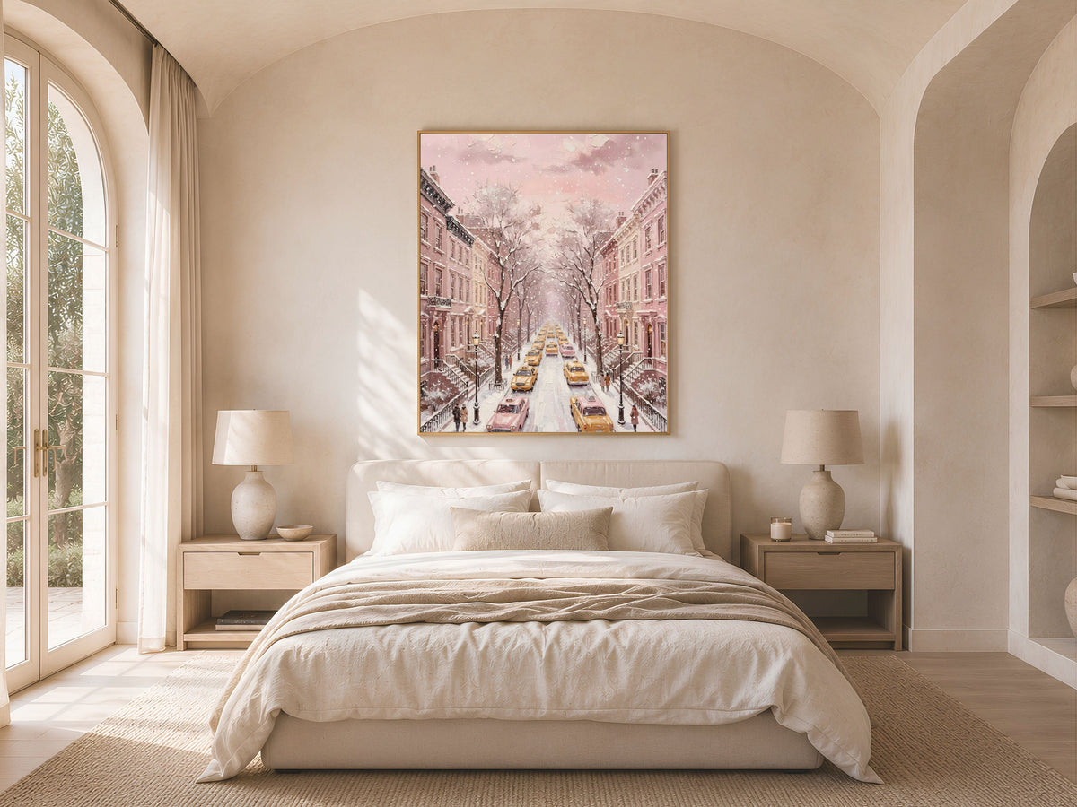 Pink NYC Taxi Wall Art, Snowy New York Street Print - Digital Download