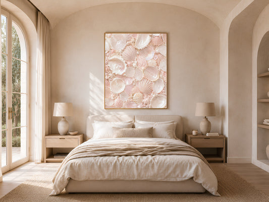 Blush pink coastal mosaic print in a gold frame above a bed in a bright, arched-window bedroom