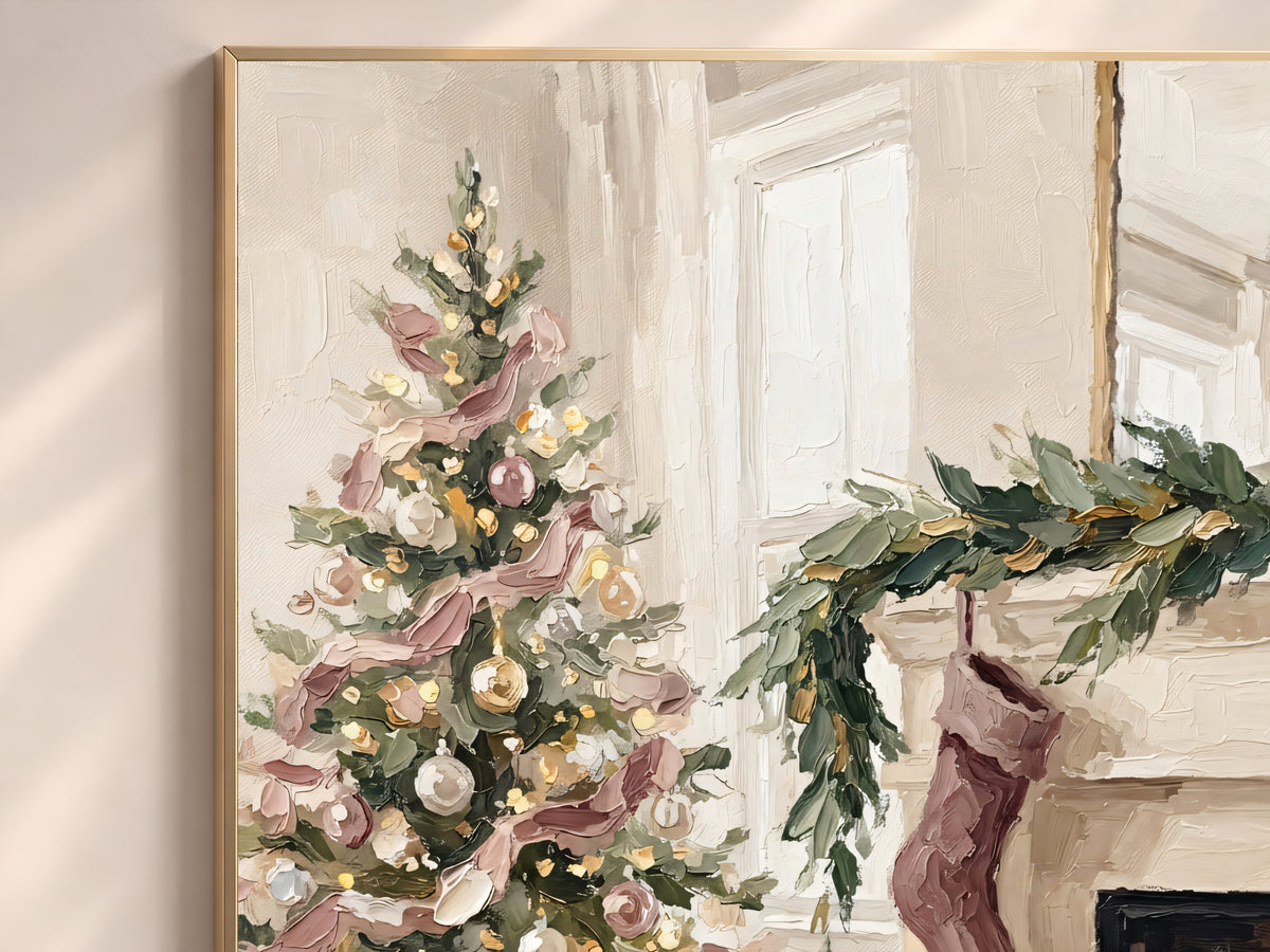 Pink Christmas Tree Painting Print, Cozy Fireplace Holiday Art, Pastel Christmas Wall Decor, Printable Digital Download