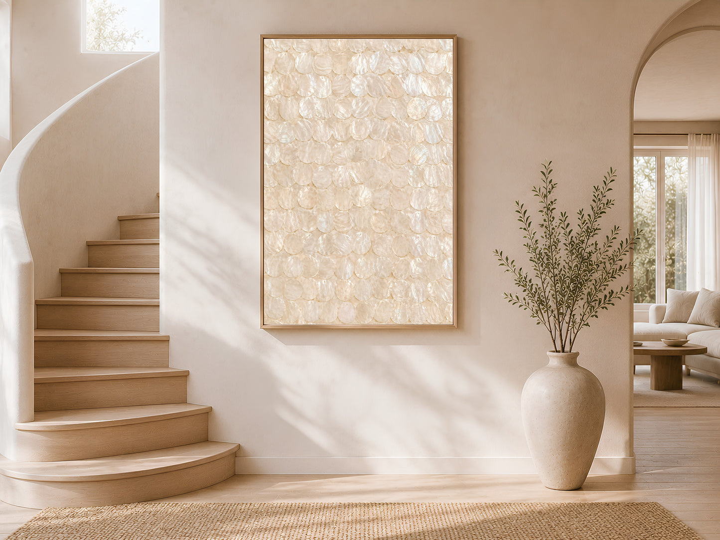 Capiz shell wall art print in a gold frame on a curved staircase wall with warm white plaster finish, large neutral vase with dried botanicals, and warm natural light
