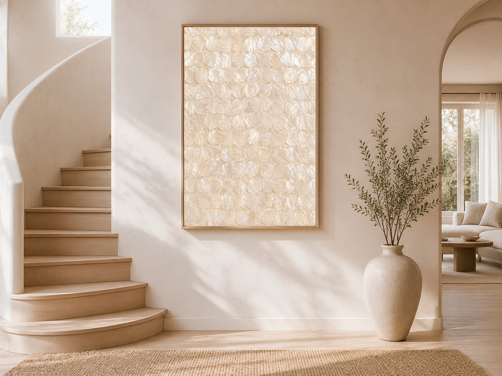 Capiz shell wall art print in a gold frame on a curved staircase wall with warm white plaster finish, large neutral vase with dried botanicals, and warm natural light
