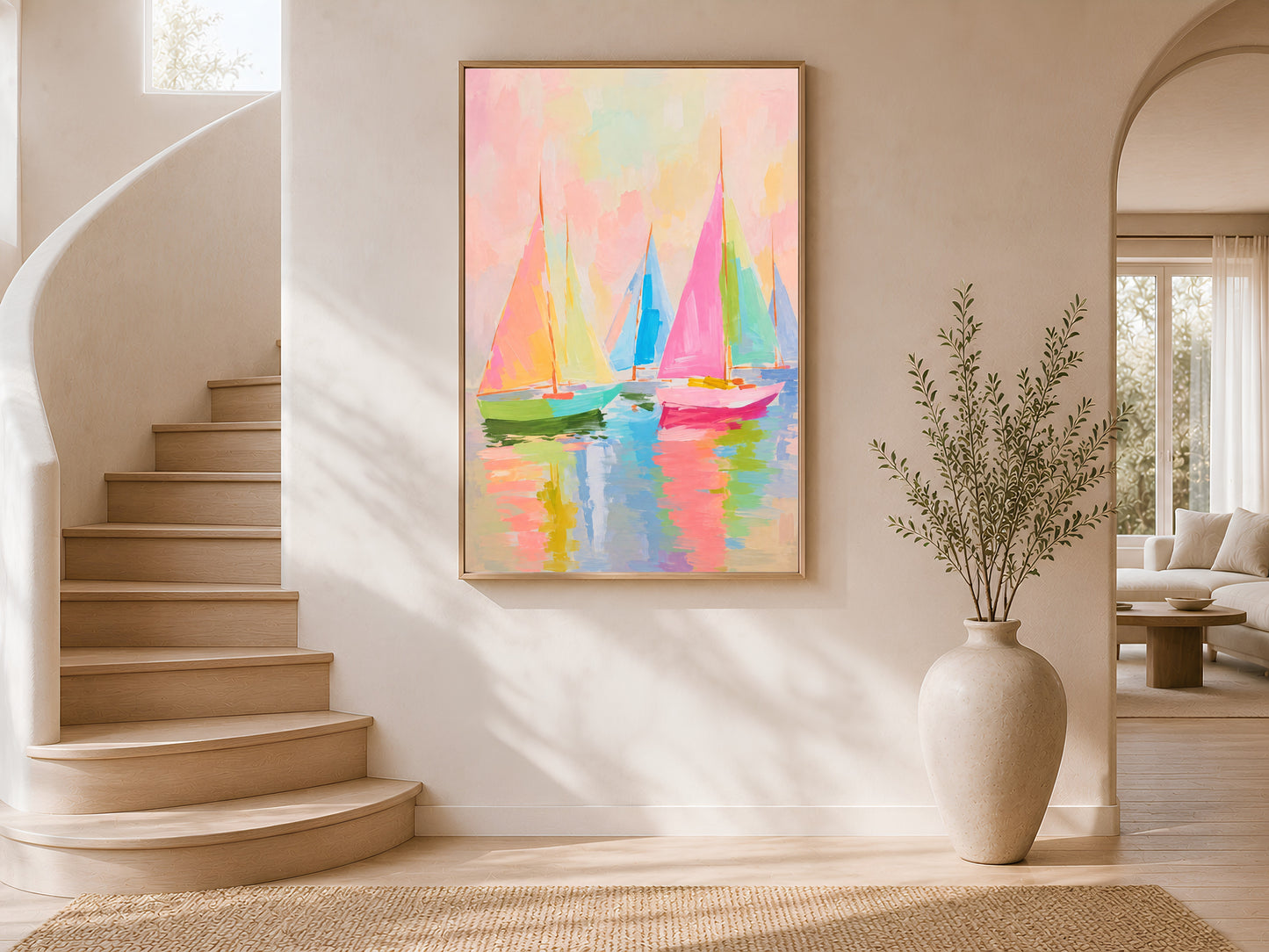 Framed impasto pastel sailboat print on warm white wall in modern curved staircase entryway with tall ceramic vase
