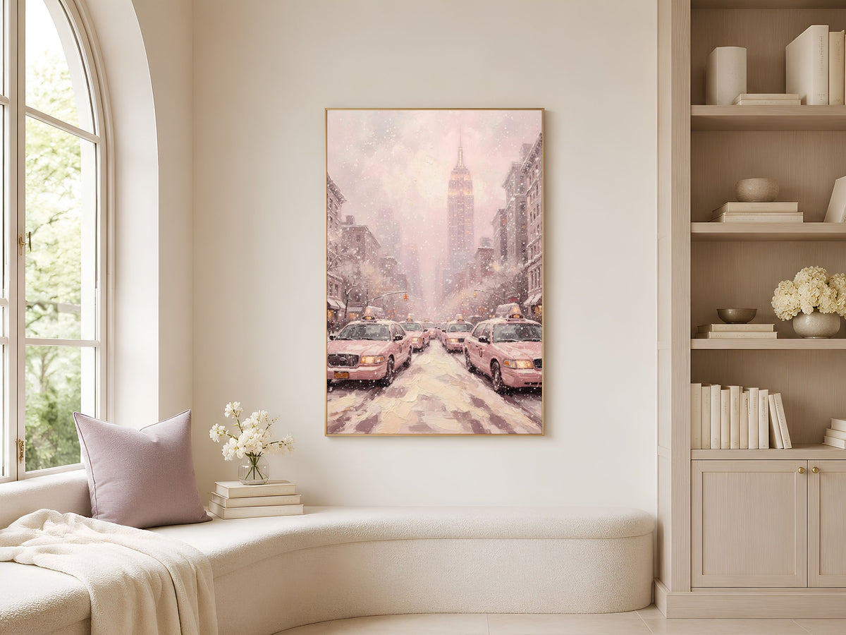 Pink Empire State Building Print, Monochrome NYC Taxi Wall Art - Digital Download