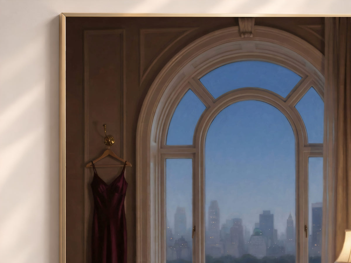 Old Money Bedroom Painting Print, City View Window Art, Moody Burgundy Wall Art, Printable Digital Download