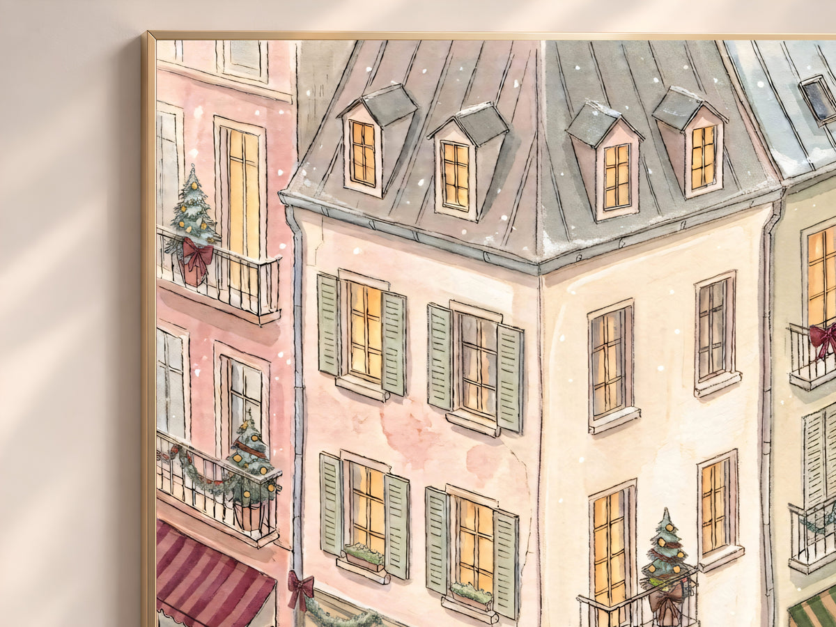 Christmas Patisserie Print, French Flower Market Watercolor, Snowy Parisian Street Art, Digital Download