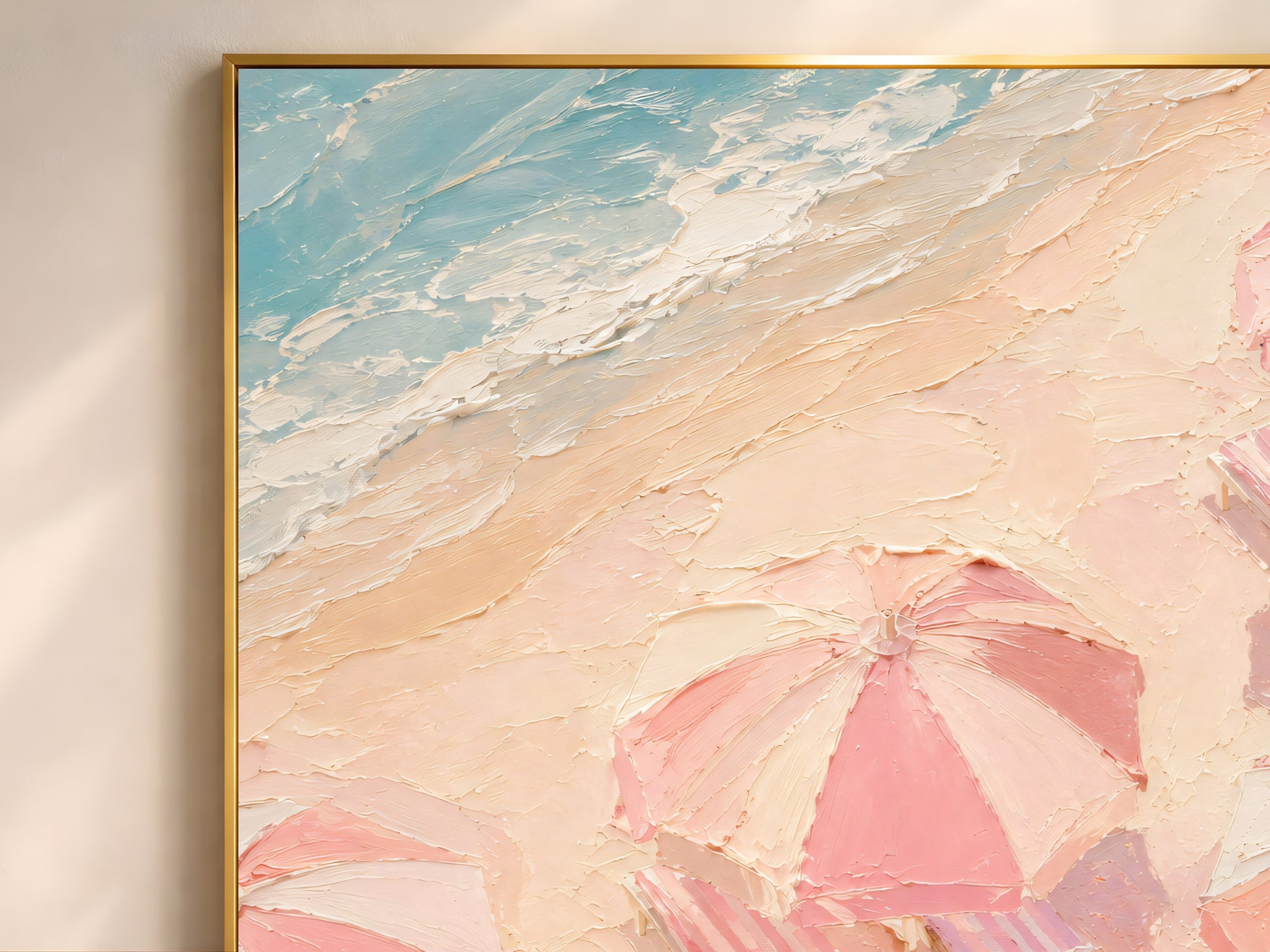Close-up of aerial beach umbrella impasto oil painting showing pink striped umbrellas and sun loungers on warm sand
