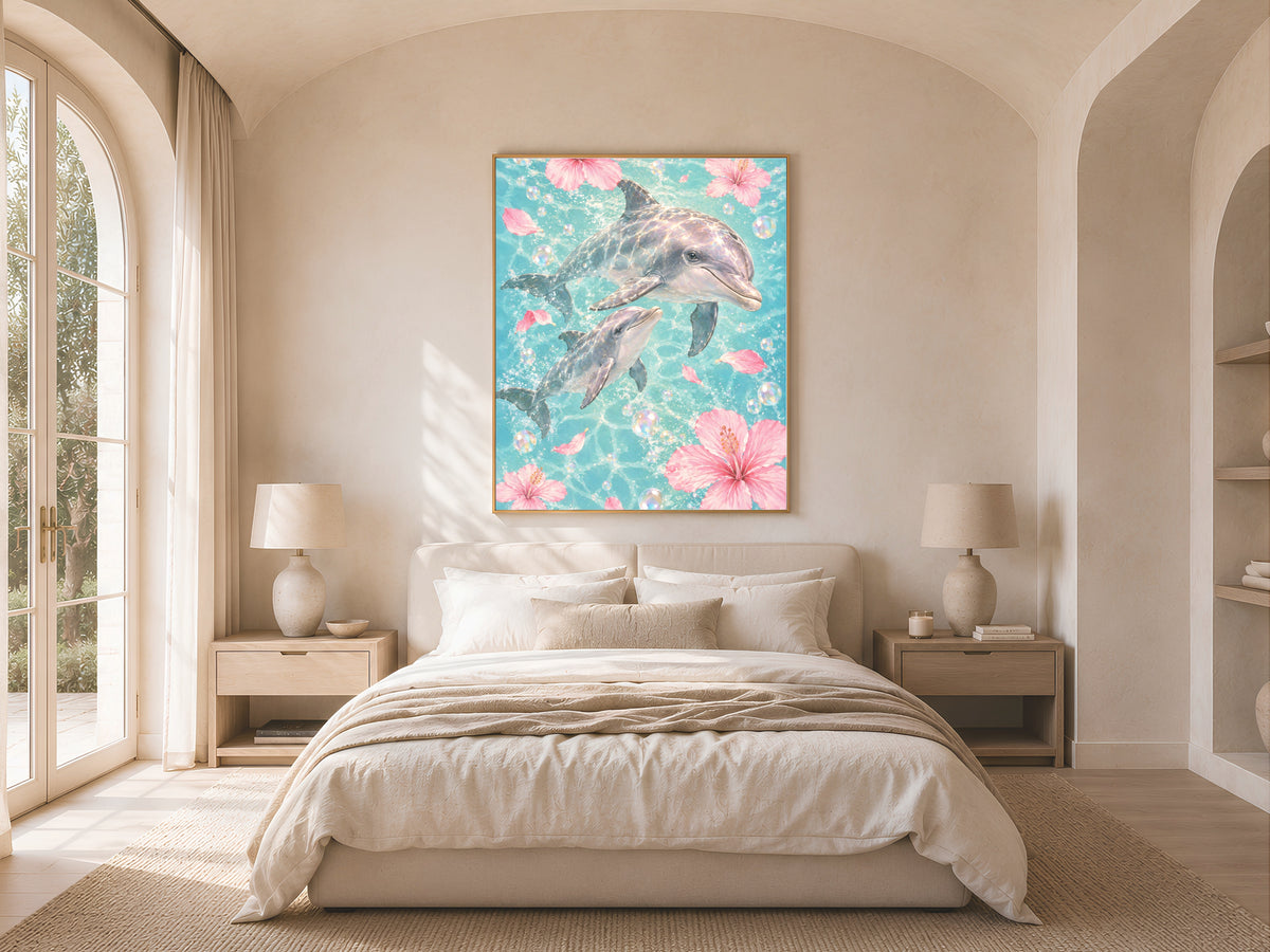 Dolphin Watercolor Wall Art, Mother Baby Dolphin Print - Digital Download