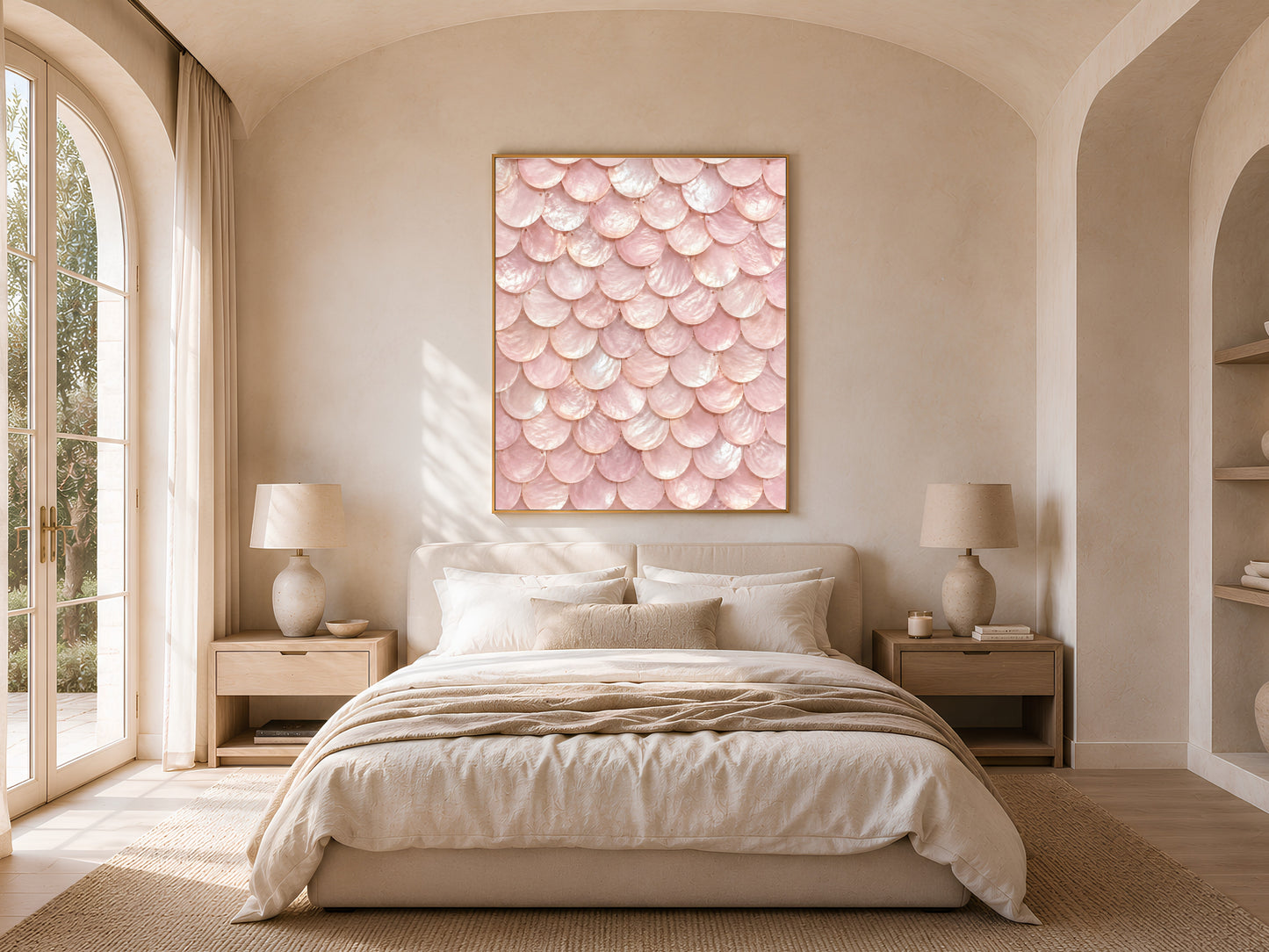 Blush pink mermaid scale wall art framed above a bed in a warm neutral bedroom with arched windows