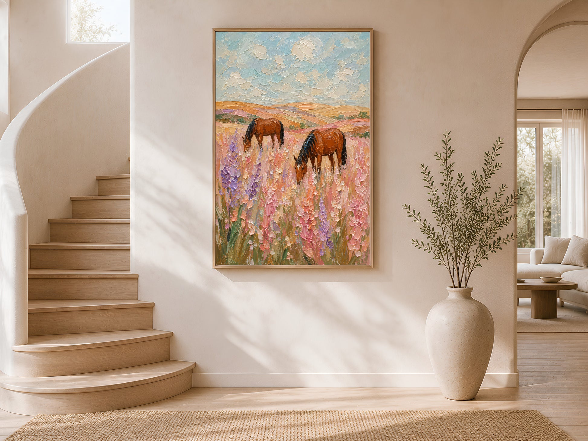 Two chestnut horses grazing in a pink and lavender wildflower field impasto painting in a gold frame on a curved staircase wall with warm white plaster finish and arched window
